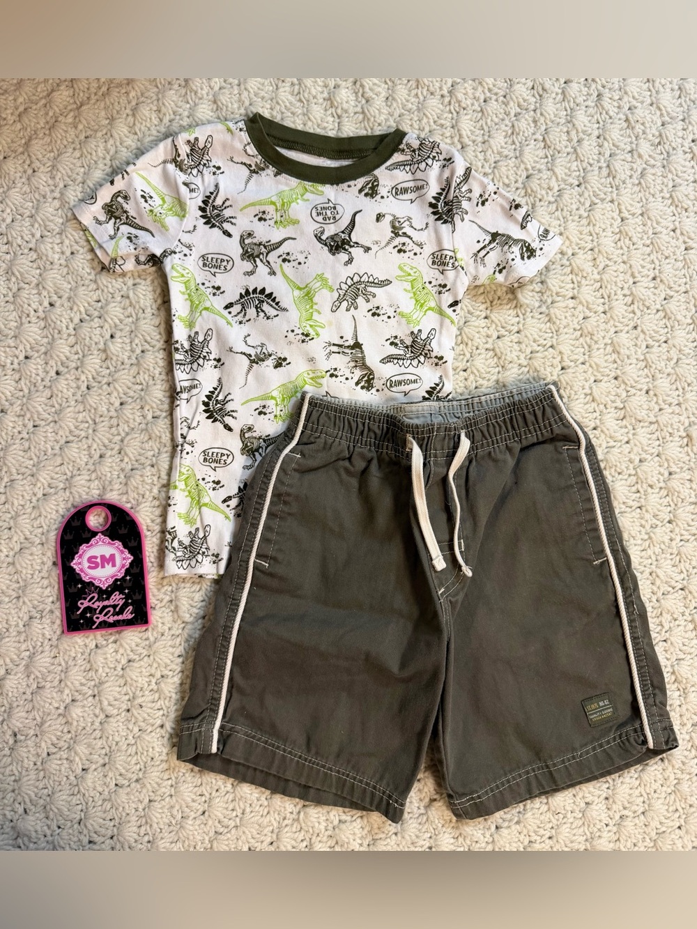Cherokee White Dino Graphic Tee with Green Accents & Olive Shorts Set